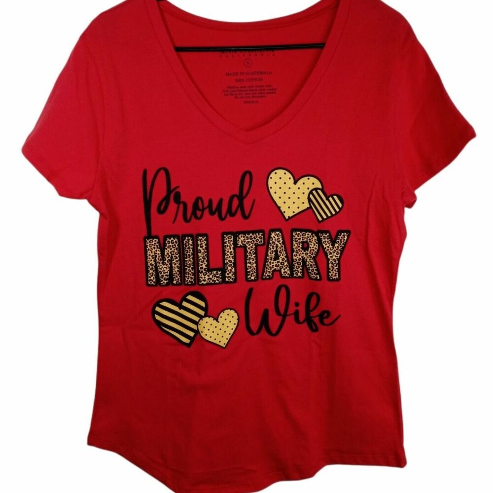 Ana Cabana Proud Military Wife V-Neck Red Cotton Military T-Shirt NWT